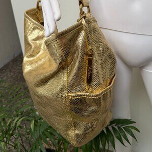 COLE HAAN North South Platino Gold Snakeskin Leather Tote Hobo
